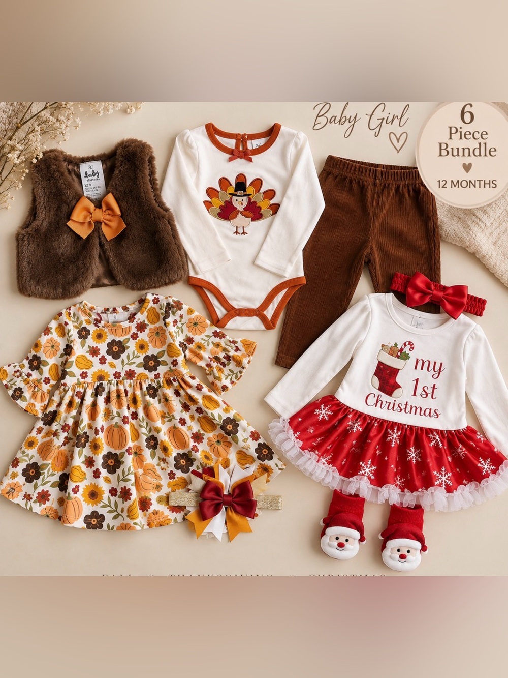 Baby Girl 12M Holiday Clothing Bundle Thanksgiving Fall Christmas outfits 6pc